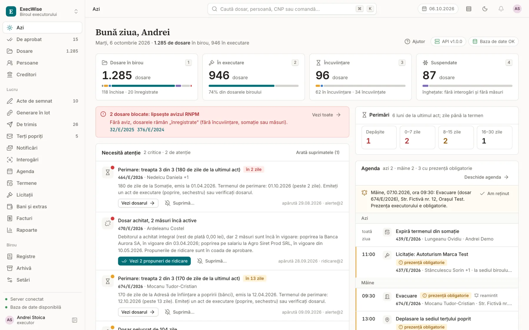 Pagina „Azi” din ExecWise: numărul de dosare pe faze, alertele de perimare, dosarele care cer atenție și agenda zilei. Date inventate.